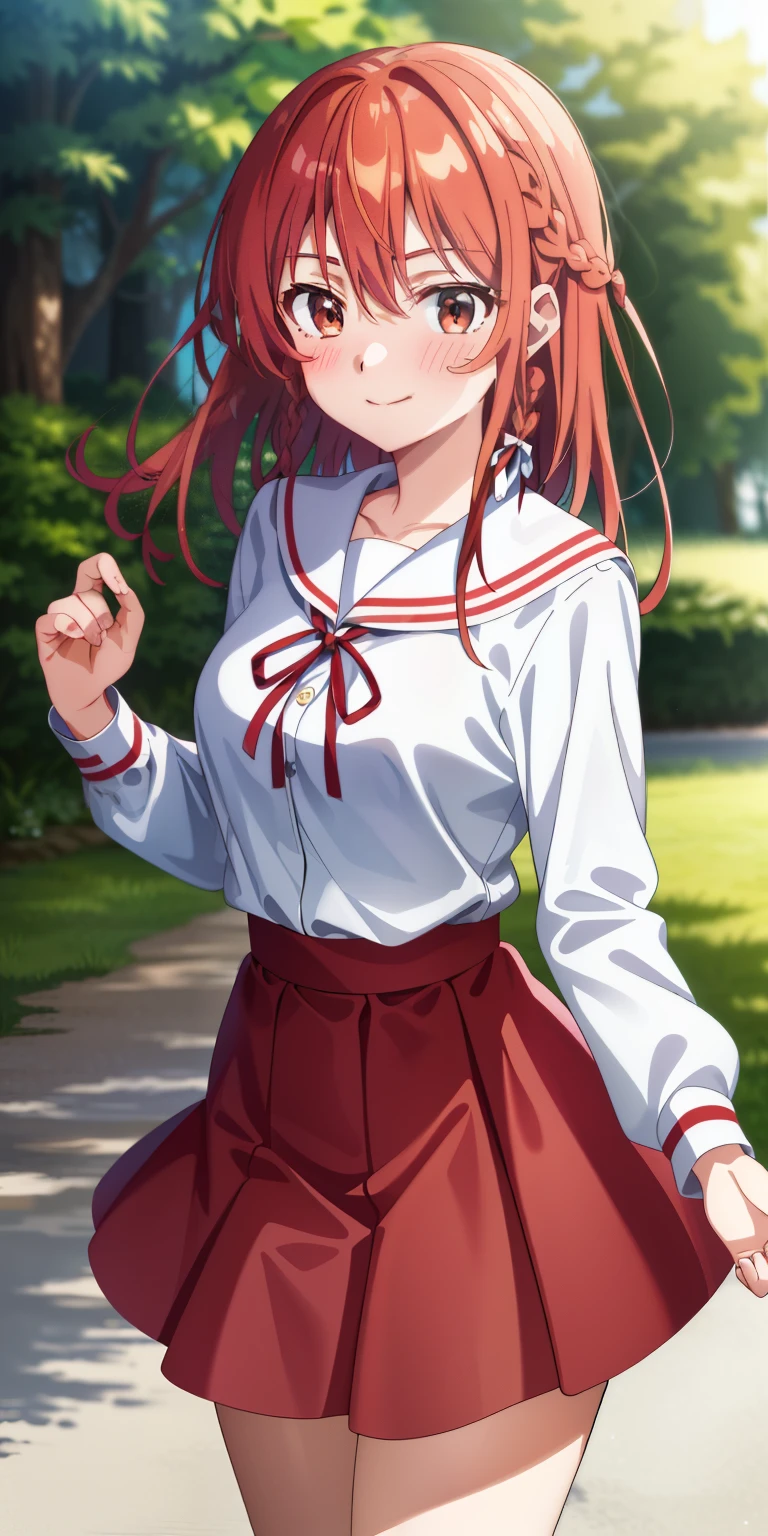 2d, masterpiece, best quality, anime, highly detailed, 1girl, solo, cowboy shot, sumi, single braid, side braid, hair bow, white bow, white shirt, long sleeves, sailor collar, red ribbon, red skirt, pleated skirt, embarrassed, blush, smile, outdoors