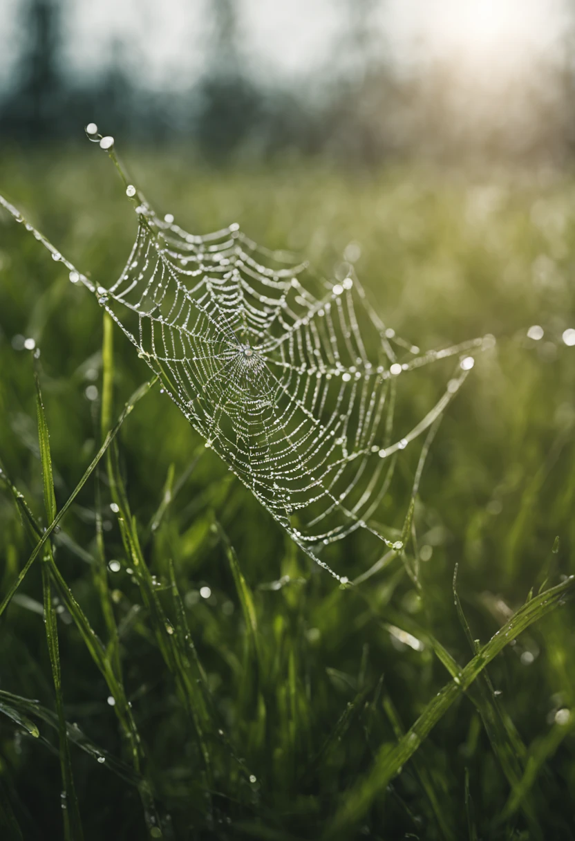 cobweb with early morning dew drops in garden grass blades grass, in the style of leica m10, colorized, flickr, miniature dioramas, high quality photo, fujifilm pro 800z, fujifilm pro 400h -