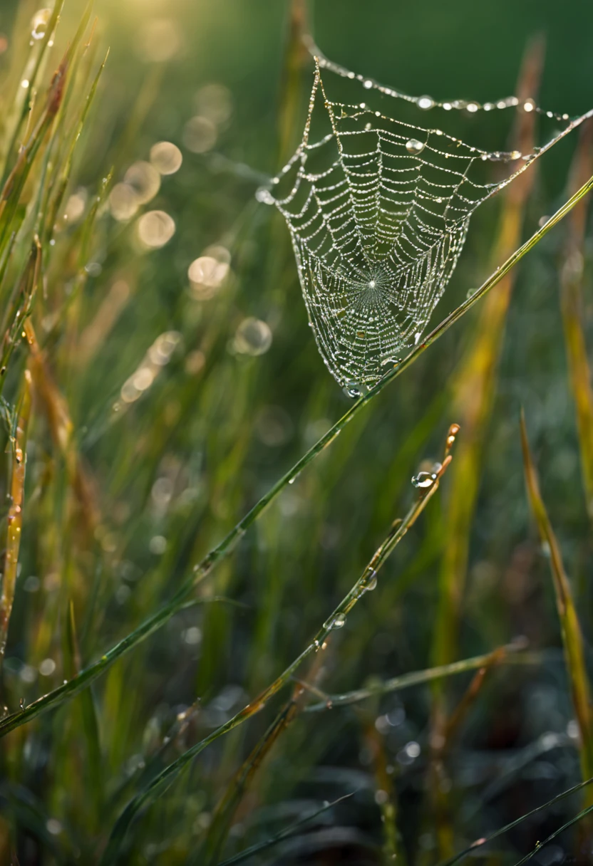 cobweb with early morning dew drops in garden grass blades grass, in the style of leica m10, colorized, flickr, miniature dioramas, high quality photo, fujifilm pro 800z, fujifilm pro 400h -