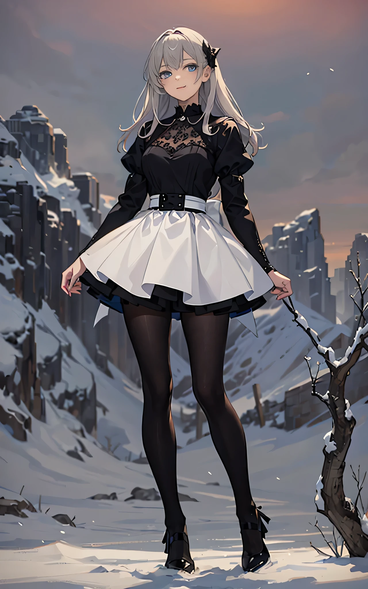 (masterpiece,highest quality:1.4),super fine illustration,shiny skin,fine skin,very cute and beautiful girl, beautiful face, he&#39;smiling and looking towards me., beautiful blue eyes,Image of a woman in a black and white dress, fantasy costume, Black tights and skirt, Full body CGsociety, fantasy style clothing, Gwaites style artwork, Snowy mountains in the background