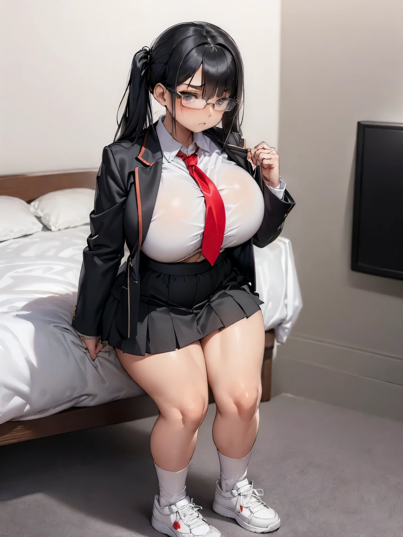 (((masterpiece, best quality))), ((((solo, 1girl)))), chubby soft girl, black hair to the shoulders, glasses, ((expresionless, emotionless)), (white shirt with gray blazer and and red tie, gray long skirt to the knees, socks to the knees, sneakers), looking at viewer, bedroom, standing still