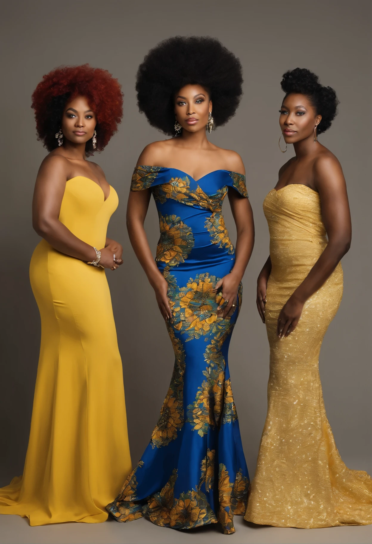 five African American women, each wearing a off the shoulder dress in a different color: royal blue, canary yellow, white, green, and ruby red. They all have flowing natural hair, twist out, wash n gos each styled uniquely , capturing a sense of unity, strength, and cultural pride.