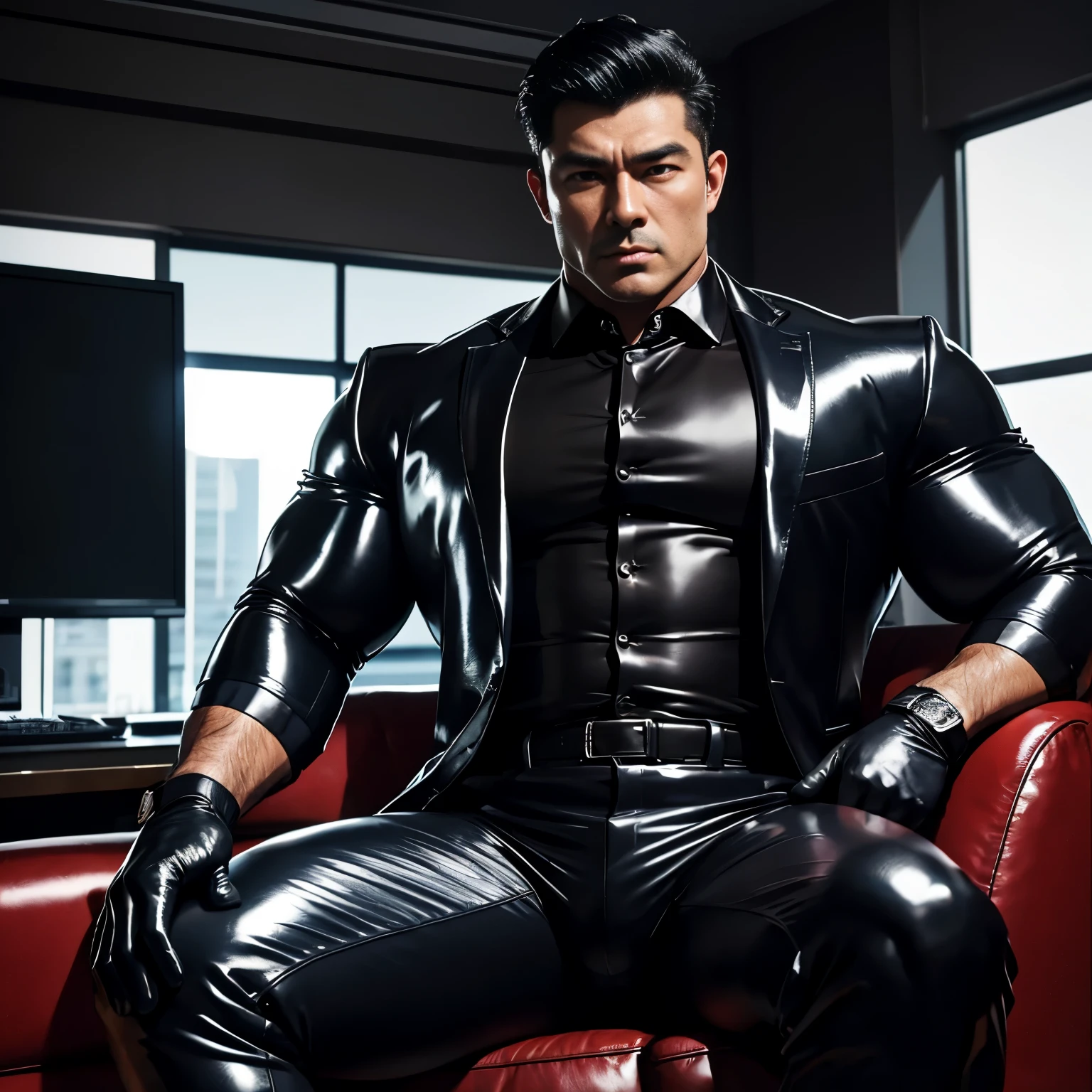 30 years old,daddy,"shiny suit ",Dad sat on sofa,k hd,in the office,"big muscle", gay ,black hair,asia face,masculine,strong man,the boss is,handsome,,leather gloves,lecherous dad,look straight ahead,dad is handsome,dad is handsome ,dad is "horny dad"