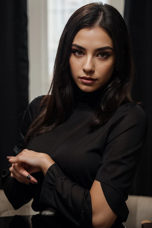 I want you to create a woman of dark brunette color, medium height, weighing 70 kilos, black eye color and with closed, modern, well-behaved clothes, a closed blouse with no neckline, red, very long, black hair.