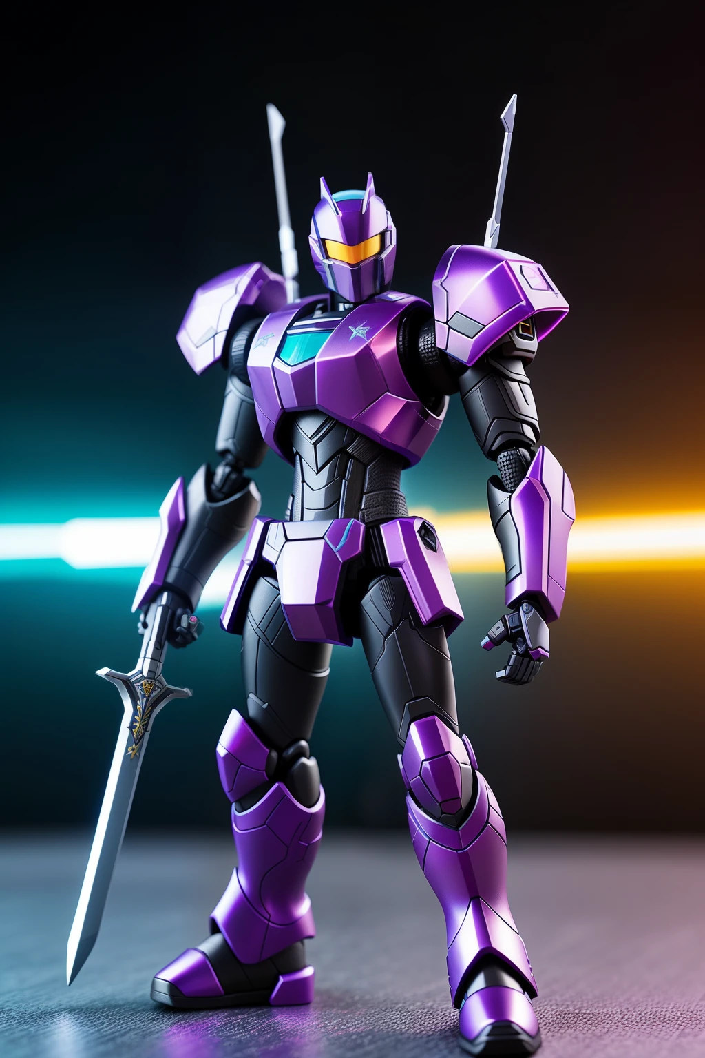 A mini robotic action figure toy, crafted with intricate black and purple tones, dons a small, elegant black scarf around its neck. Its epically-designed sword, detailed with precise metallic lines, is held firmly in its metallic hand. The figure's joints flex with the slightest touch, ready for endless adventures in the realm of futuristic battles. With hyperdetailed textures and a captivating hdr finish, this toy is a cinematic masterpiece that stands out in any collection. (Hyperdetailed:1.2), (Collectible:1.1), (Futuristic:1.1), ( metallic sheen:1.3