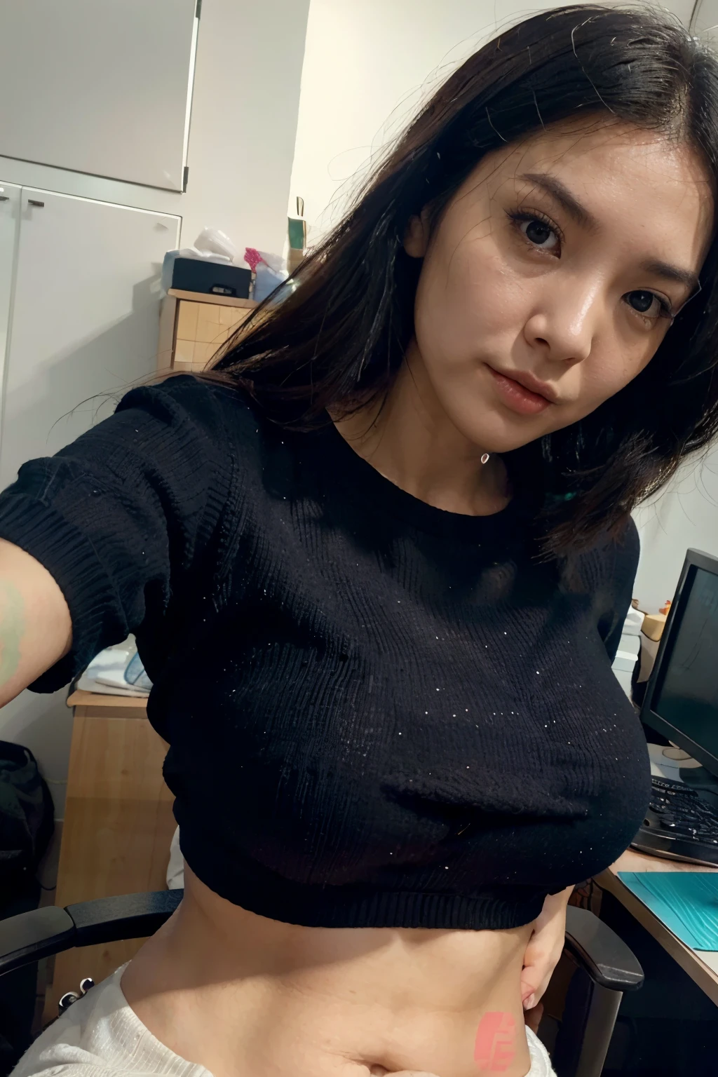 hong kong sexy office lady in office, knit shirt, no underwear, (((secret closeup selfie))), slim body, tired, beautiful face, black straight hair, soft lighting, hyper realistic, beautiful body, soft lighting