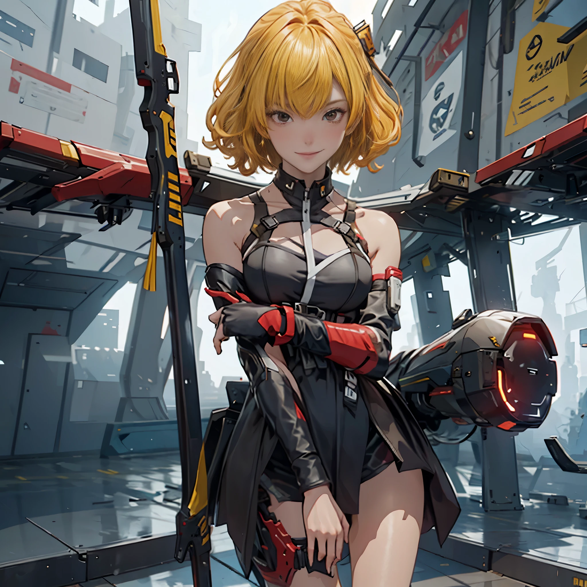 1 girl, tie up hair, short hair, short blond hair, red eyes, innocent smile, black mech armor, cool and sexy face, black thigh knee sock, 8k, Sharp face, Yellow ribbon, battlefield, outside, black crown,  standing, ,Fenny Coronet, Shotgun , one person, alone, 1 head, 2 hands, 2 legs