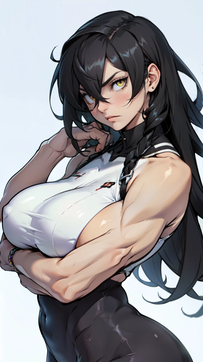 pale girl muscular girl huge breasts black hair yellow eyes expressionless sad hair between eyes long hair