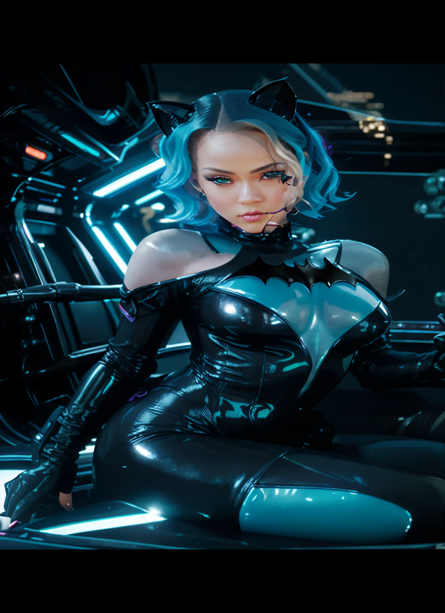 arafed woman in a black latex outfit sitting on a motorcycle, amouranth as a super villain, anigirl batman, cyberpunk glossy latex suit, cosplay on black harley queen, futuristic glossy latex suit, inspired by hajime sorayama, barbara hammer 4 k, amouranth, in batman : arkham knight, better known as amouranth , Rihanna 