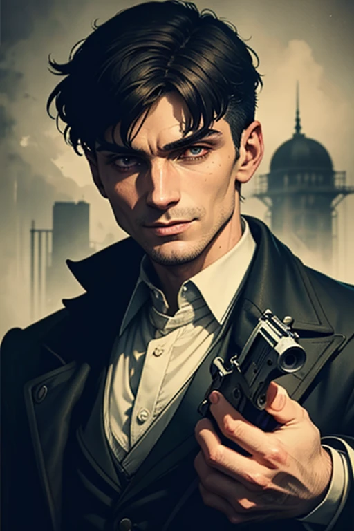 Thomas Shelby holding a gun, short hair, devil eyes, evil smile, Conceptual art, modern, Gothic art, anime, Expressionism, Contemporary art, Art Nouveau, chiaroscuro, depth of field, cinematic lighting, character chart, bust chart, pov, masterpiece, ccurate, anatomically correct, super detail, high details, high quality, best quality, 4K