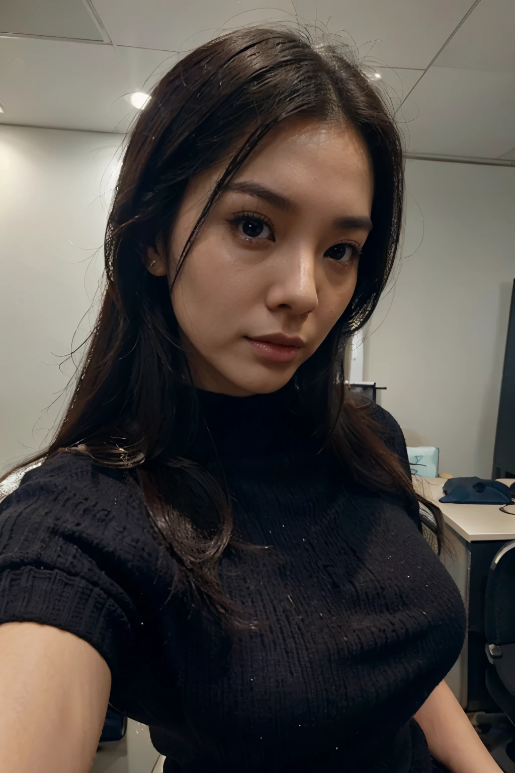 hong kong sexy office lady in office, long knit shirt, no underwear, (((secret closeup selfie))), from the front, slim body, tired, beautiful face, black straight hair, soft lighting, hyper realistic, beautiful body, soft lighting