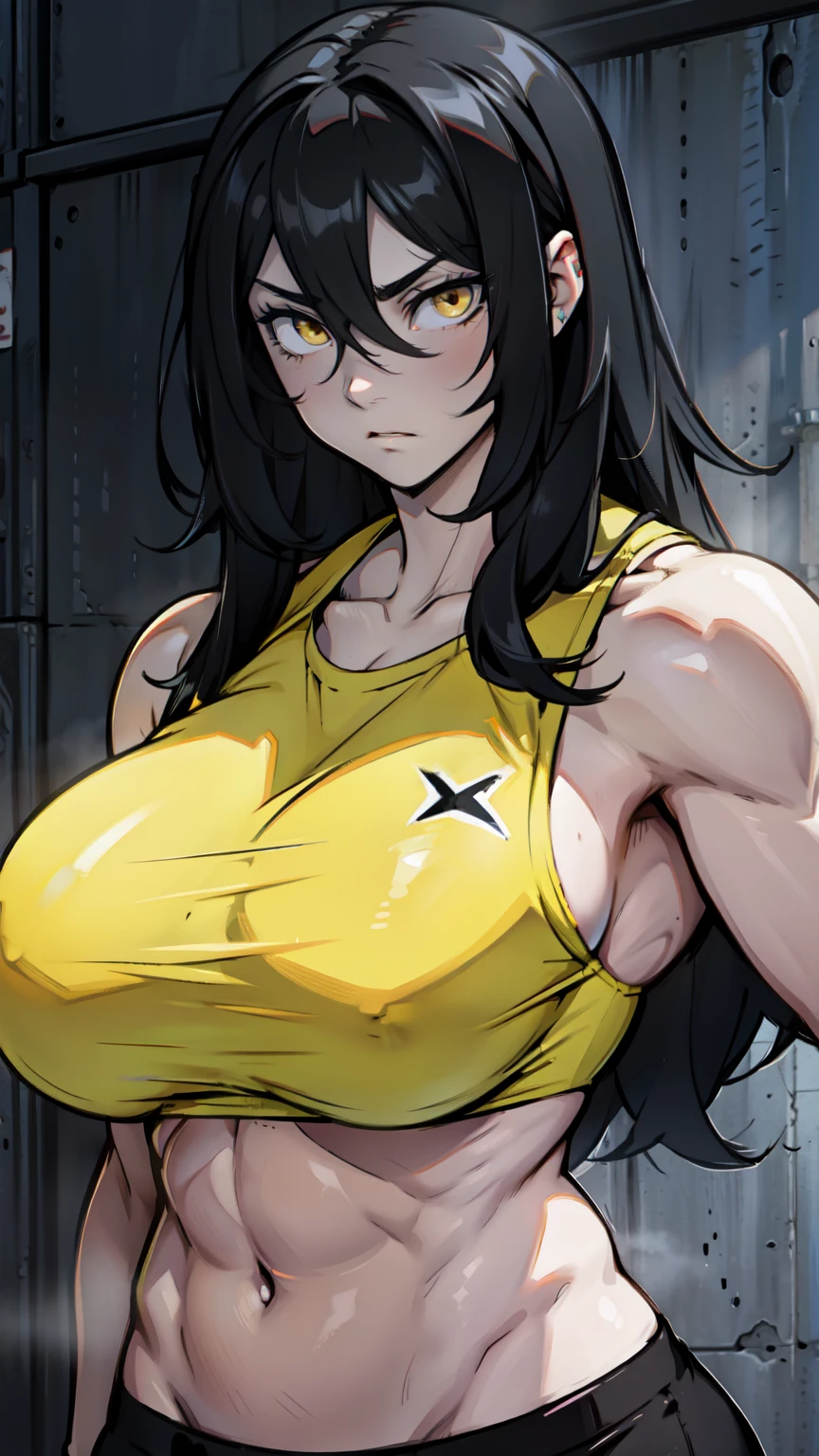 pale girl muscular girl huge breasts black hair yellow eyes expressionless sad hair between eyes long hair