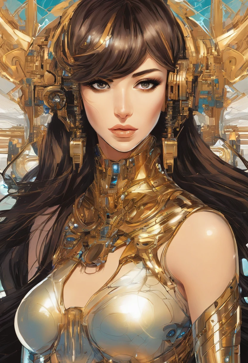 A beautiful woman with long dark brown hair and bangs is featured in the image. She is dressed in a gold dress with a deep V-neckline and is adorned with exquisite gold jewelry, including a necklace and a pair of earrings. She has sharp facial features, long eyelashes, and is looking into the distance with a serious expression. The light highlights her features and the texture of her hair, enhancing the elegance and charm of the scene.
