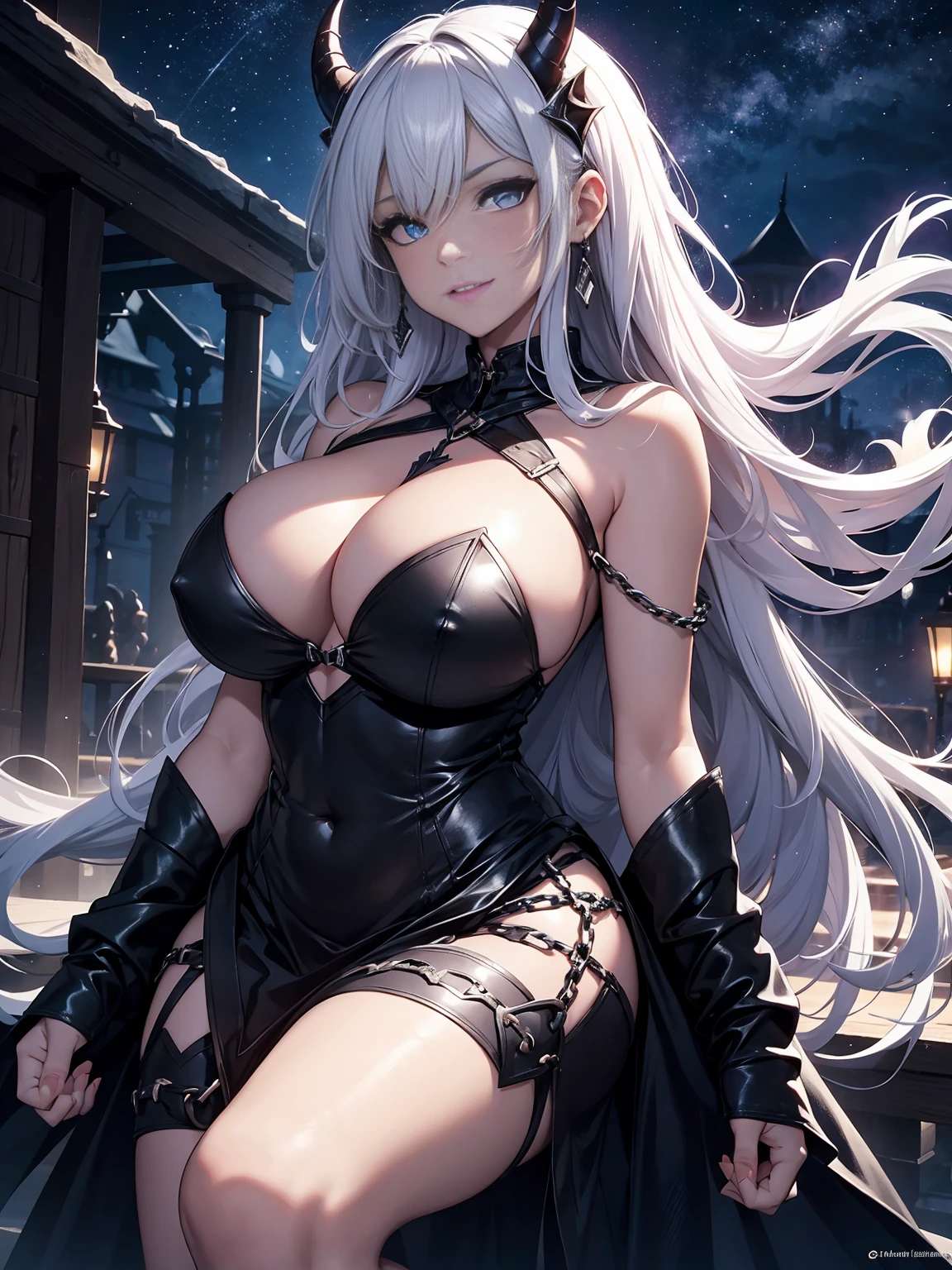 Fantasy, night, 4k, high detailed, Cinematic scene and lighting, shot from the ground in an up angle, a voluptuous succubus with horns and curvy body, heavy iron chains wrapped around her body and her wrists, iron chains are tightly wrapped around her body, evil smirk, blue eyes, white hair, pale skin, chains silver ,magic light shines from behind her, illuminating her silhouette