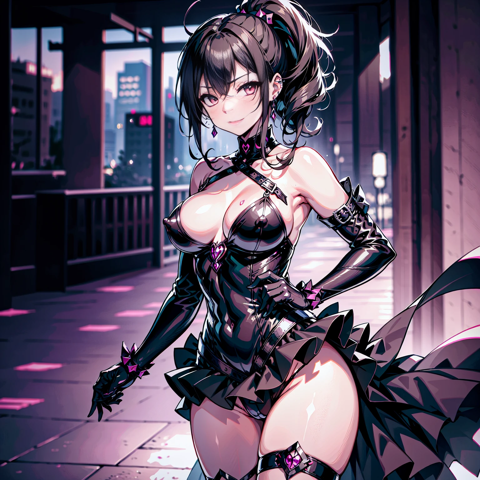 {nsfw dark Makoto Kino:1.1}, beautiful detailed eyes, ultra detailed, corruption, evil fall, pubic tattoo, dark aura, full body
1girl, full body,(evil Makoto Kino:1.1)++++++,((1girl, solo female, solo, solo focus:1,5))+, 1girl, solo female, mature female, standing, full body, evil, dark persona, bad end, contrapposto, villain, dark heroine,
lips, eyelashes, pubic hair, innie, evil grin, evil smile, sadistic, erotic lips, seductive evil red eyes, provocative expression, big breasts, erect nipples visible through clothing, piercing, erect nipples visible through clothing, collarbone, Brown hair, evil eyes, ponytail hair, beautiful detailed evil green eyes,
between labia, fingerless_gloves, corrupted magical girl costume, frill, evil smile, panties,
(slutty dark magical girl clothes ), indifference,(beautiful detailed background), (tokyo city skyline:1), (rooftop:1),best quality, (beautiful lighting:1),
