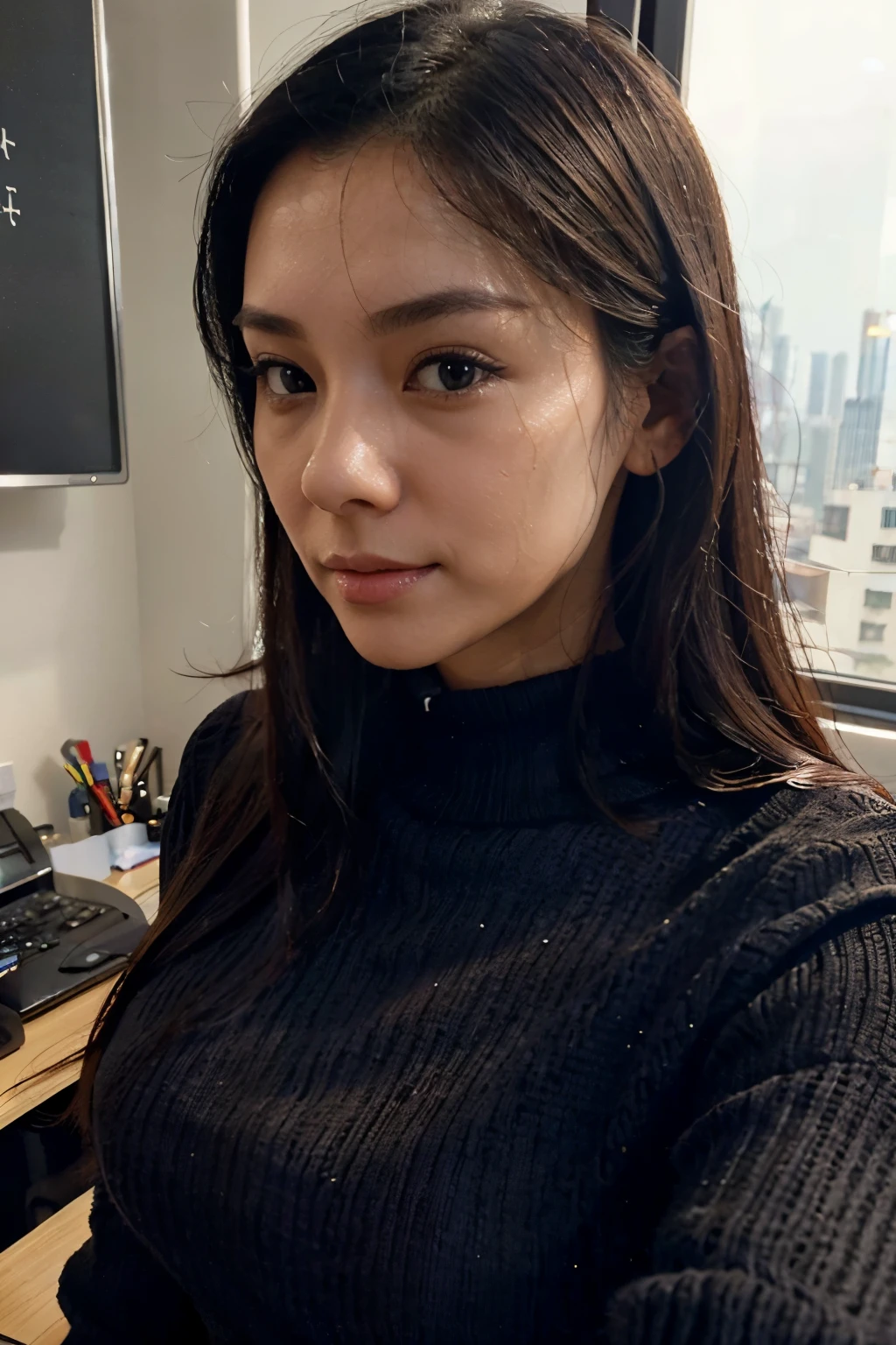 hong kong sexy office lady in office, long knit shirt, no bra, (((secret closeup selfie))), from the front, slim body, tired, beautiful face, black straight hair, soft lighting, hyper realistic, beautiful body, soft lighting