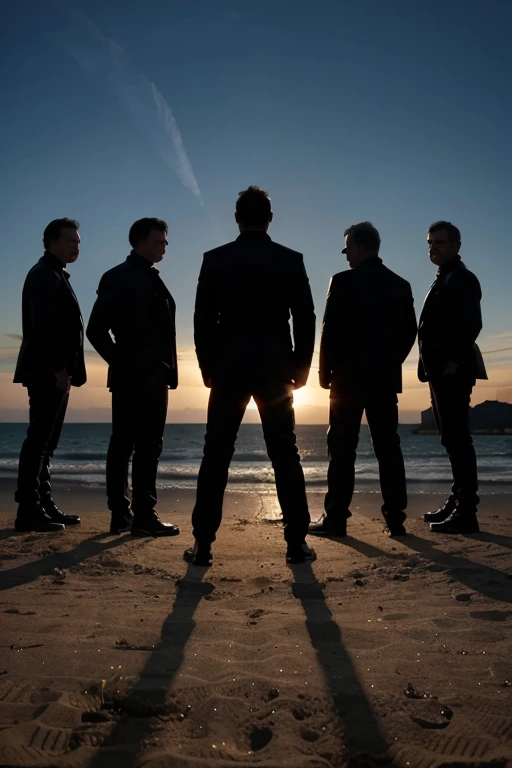 "(best quality,4k,detailed),5 older men in black theme,silhouette,pop group,back lit"
