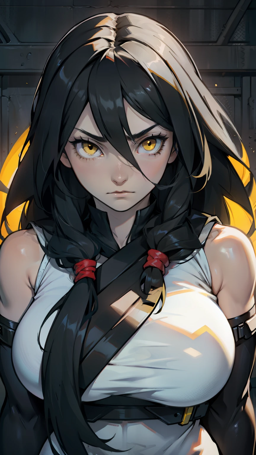 pale girl muscular girl huge breasts black hair yellow eyes expressionless sad hair between eyes long hair