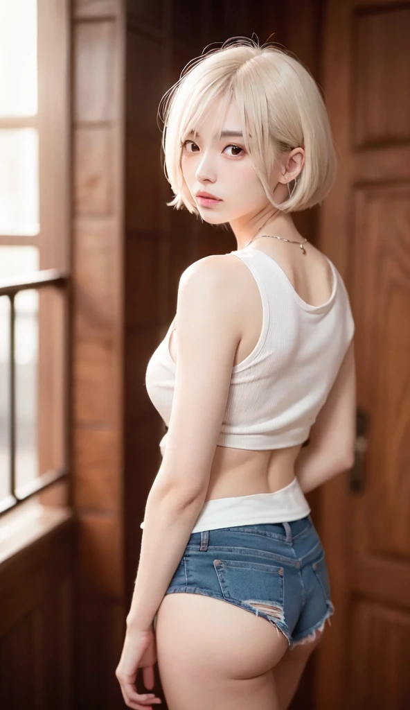 ((((masterpiece, highest quality, High resolution)))), Highly detailed 8K, beautiful girl with sensual body, (Ultra HD, super detailed, very detailed, very realistic, surreal, realistic pictures), (1 girl:1.5), (realistic white hair), short wavy hair, bob cut, (dynamic pose), towards the camera, light smile, purple eyes, average chest, (beautiful detailed face, beautiful and fine eyes), (white tank top, thin material), cleavage, dark jean shorts, shine, Sweat, (sunbeam, sunlight)