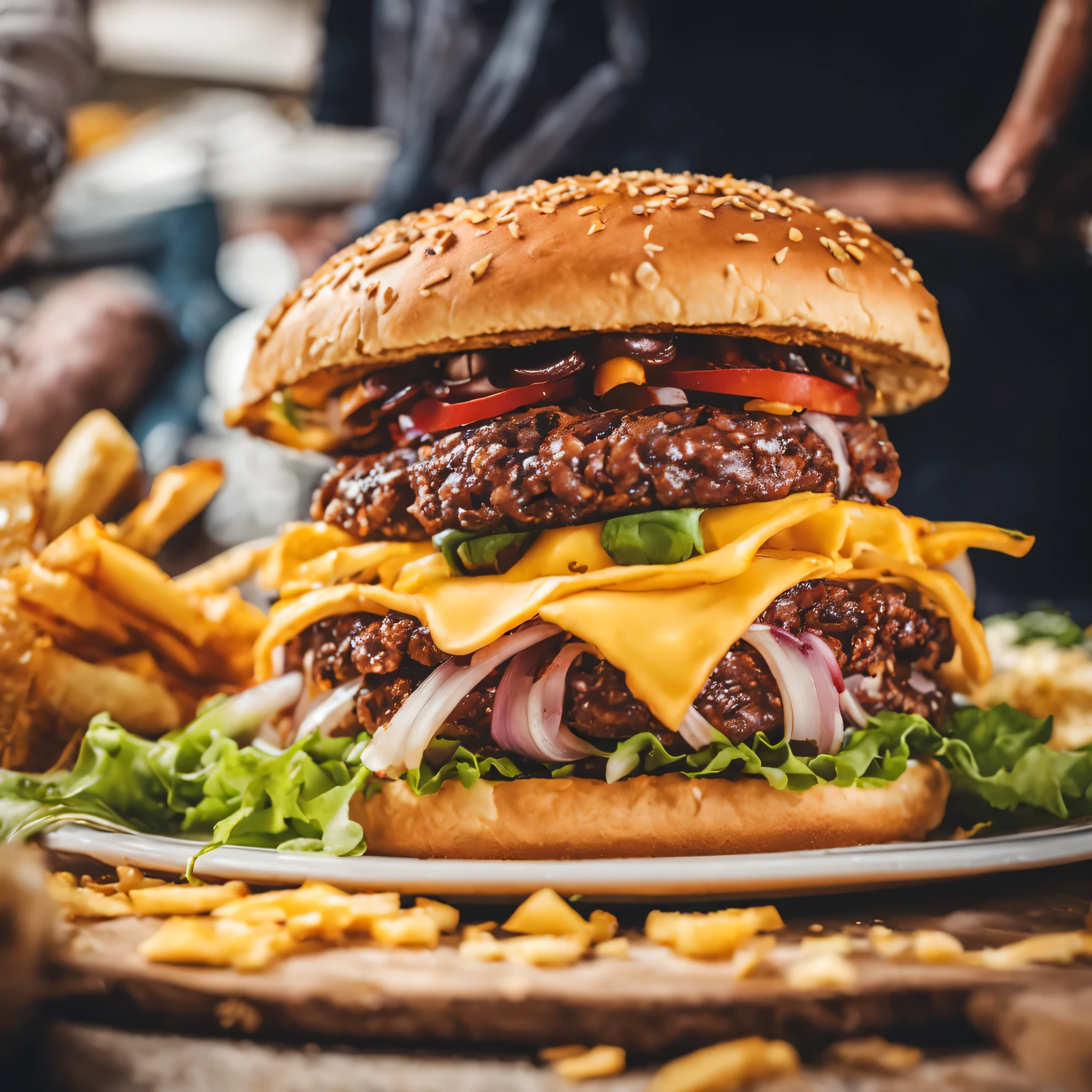 big hamburger, juciy, triple beef, triple cheese, onions, sesam bun, xxl, big, on a plate by a gardenparty, happy people, biggest burger ever, focus on burger, instagram, foodporn, realistic photograph, real photo, nice colors