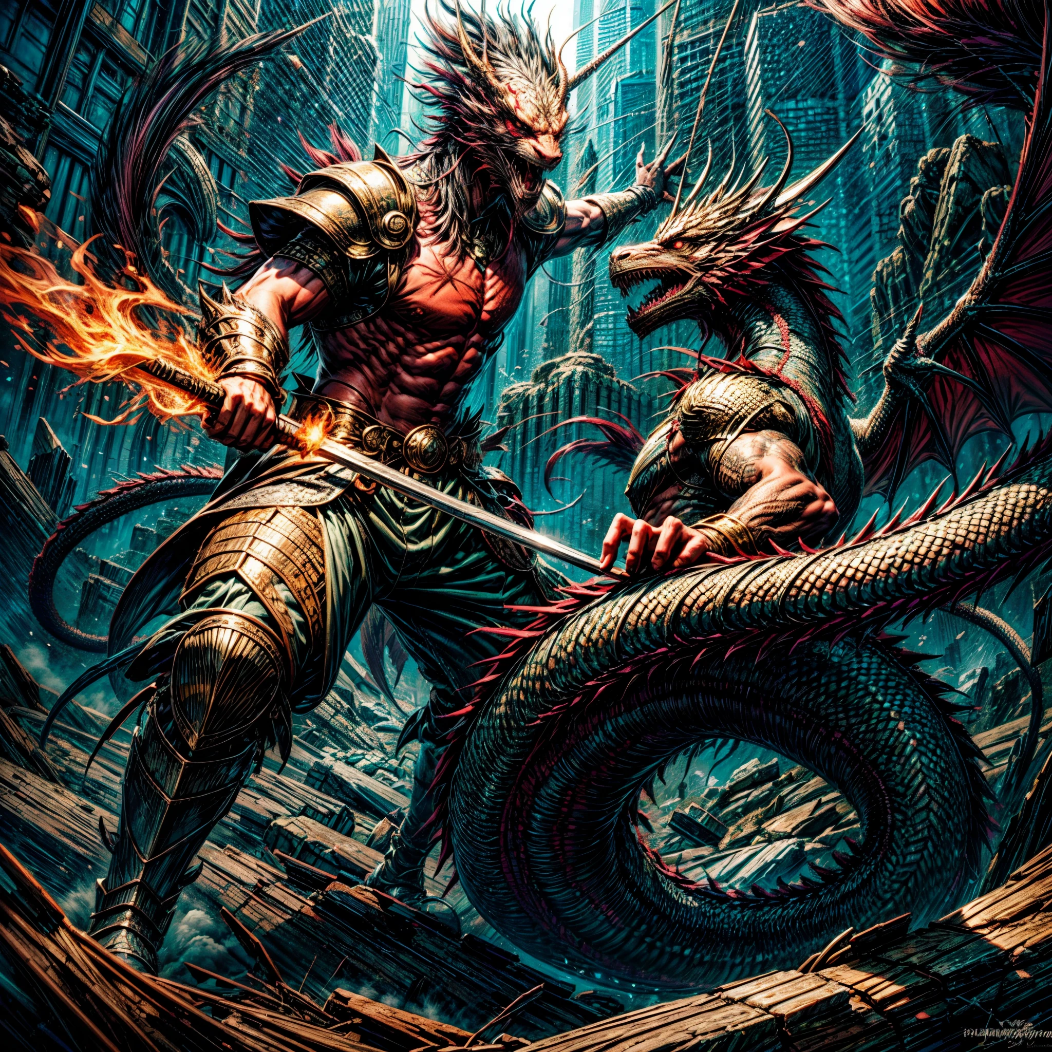 Create a digital art masterpiece depicting a fearless and battle-worn dragon slayer standing defiantly before an imposing, fire-breathing dragon. The dragon slayer should exude confidence, wielding a legendary weapon with intricate details and adorned in battle-scarred armor. The dragon should be a formidable force, its scales reflecting the glow of its fiery breath. Set the scene against a dramatic backdrop that captures the intensity of this showdown between the last of the dragon slayers and the majestic beast, showcasing the clash of two legendary forces in an epic fantasy world.