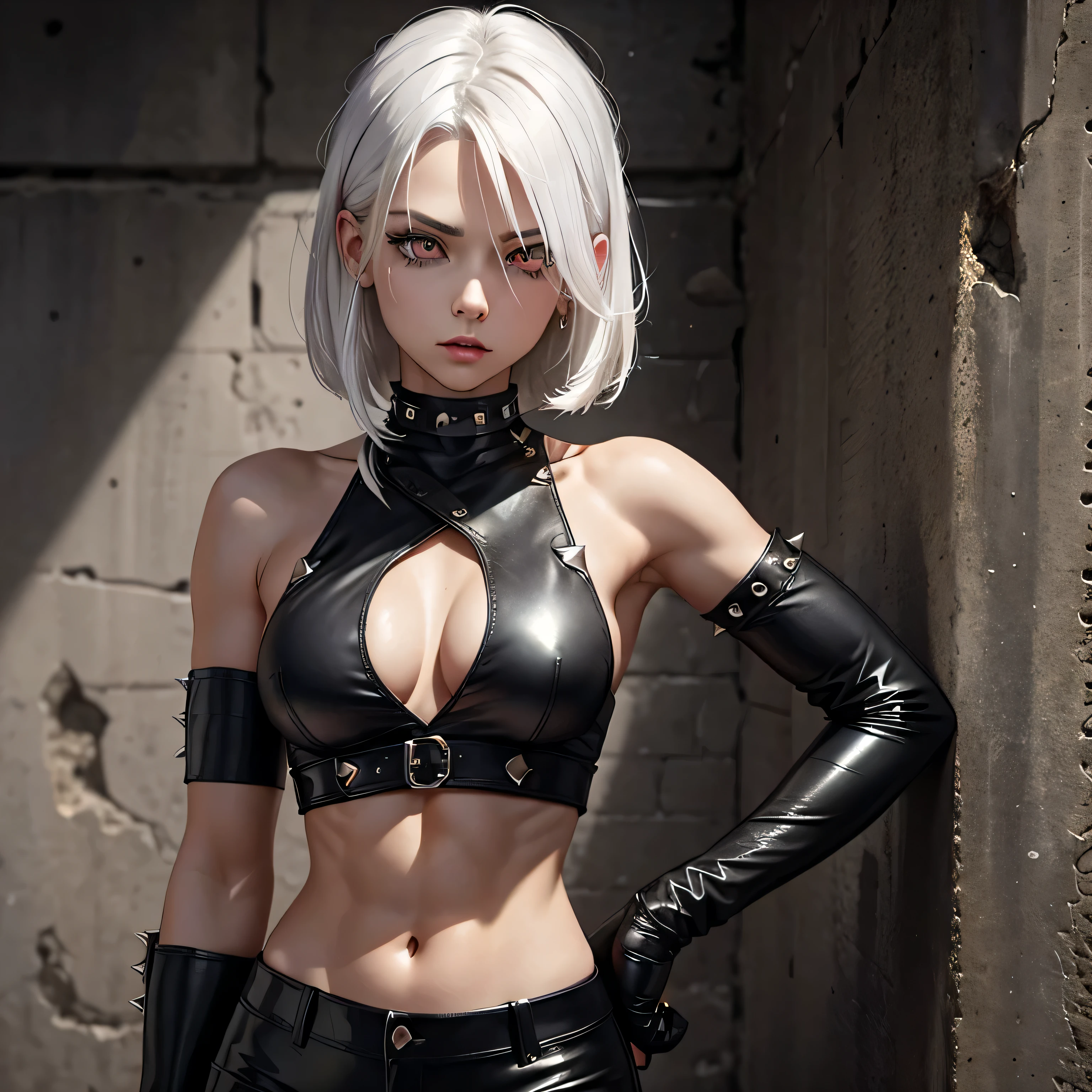 beautiful girl, military, white hair, bloody eyes, choker, cropped top, muscular abdomen, navel, black leather pants, spiked long gloves, wall,
