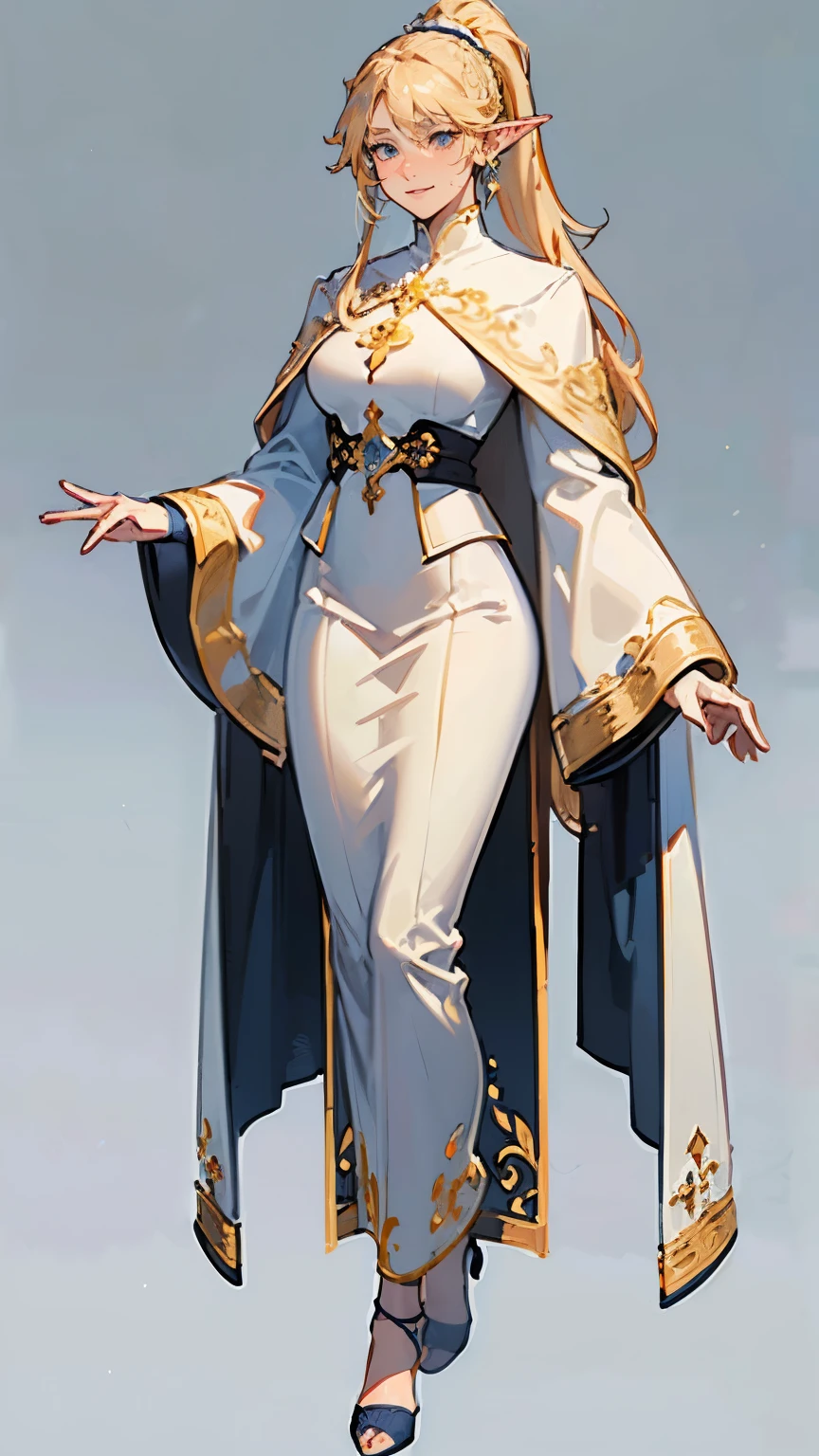 ((masterpiece,best quality,8k,highres)),((character concept art)), 1 female, middle- adult female, female Catholic pope, 250 cm height, long hair, ponytail, (blonde hair colour), ultra finely detailed eyes ((yelloq eyes colour)), extraordinary gorgeous, charming, smirk smile, (pointed ears), shapely breasts, hourglass body shape ((muscular)), ((intricate detail)), super finely detailed hands, ultra finely detailed fingers(((ten fingers))), full Catholic pope outfit (white outfit colour), big royal white cloak, earrings, (standing still), (full body showcase), (show full body), (no logos on background), (no logo), ((plain background)), ((plain background)), (((empty background)))