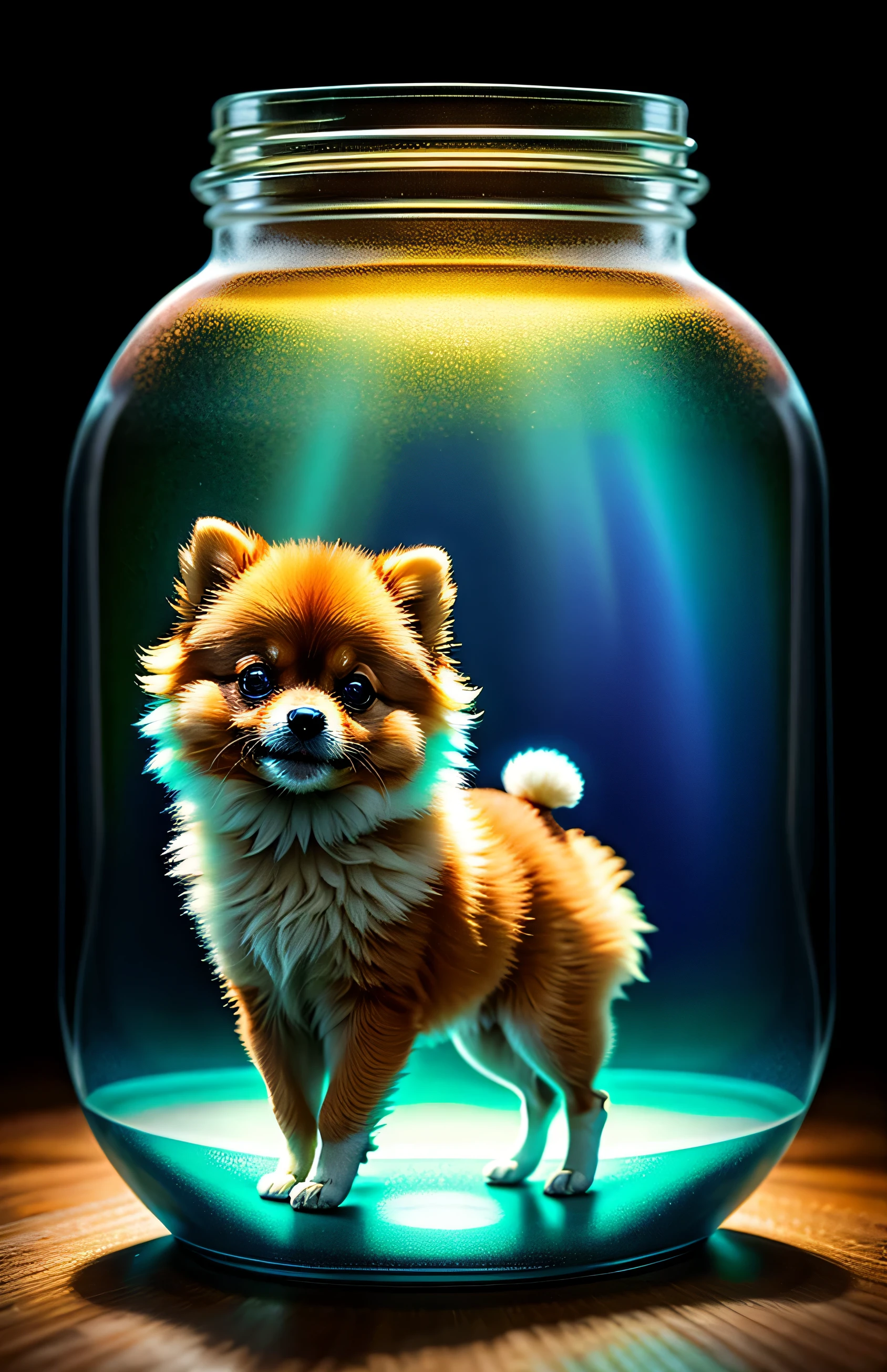 Pomeranian puppy in a huge jar, fluffy, realistic, airglow refraction, by lee jeffries nikon d850 film stock photo 4 kodak portra 400 camera f1.6 lens rich colors hyper realistic lifelike texture dramatic lighting unreal engine trending on artstation cinestill 800, style glasses