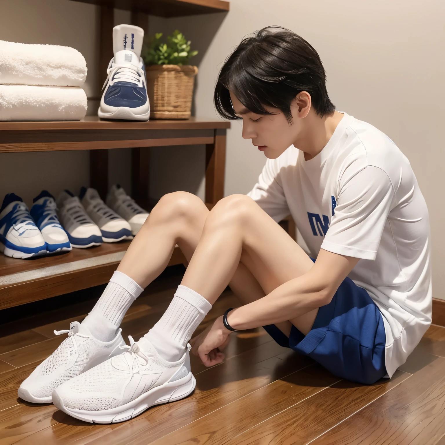 最好of质量, 极其细致of脸部,  完美of照明, 1 boy,White sport socks，sports shoes，裸体of，of