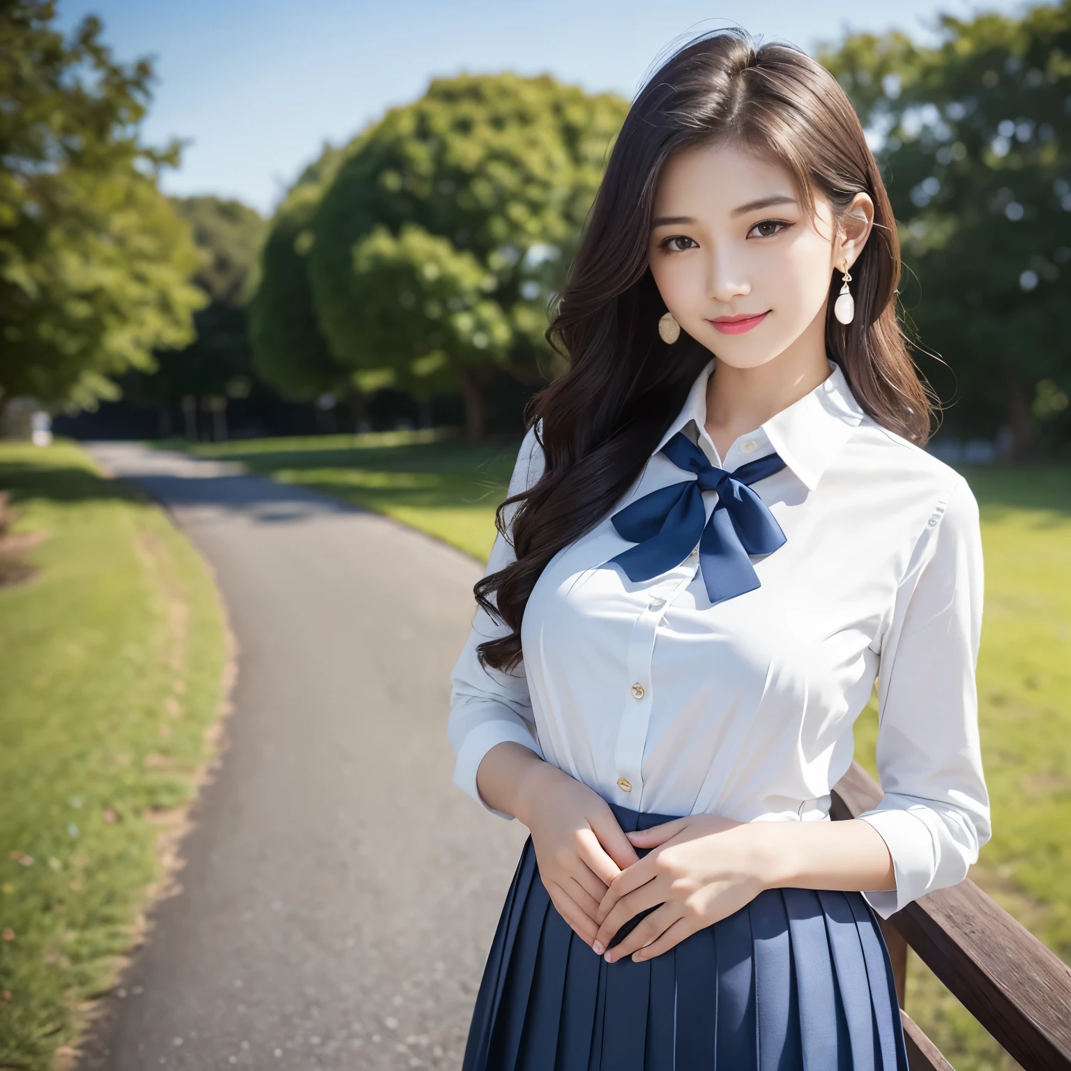 (masterpiece、highest quality、ultra high resolution、8K)、(1 Very cute 15 year old girl:1.3)、(alone:1.4)、(pregnancy)、(Perfect composition where the girl fits beautifully in the frame:1.1)、thinウエスト、thin、naive girl、(perfect anatomy:1.1)、(wavy hair:1.1)、(big breasts:1.2)、(emphasize the bust line:1.2)、(high school white shirt:1.2)、(navy pleated skirt:1.2)、(Uniform ribbon that fits perfectly on the chest:1.2)、(Beautiful glowing skin:1.2)、Moist eyes、classy beautiful lipstick、perfect makeup、long eyelashes、elegant and beautiful eyeshadow、classy beautiful necklace、classy beautiful earrings、Brown glittery hair、Colors and landscapes of youth、feelings of love、outside、A shy smile looked at me、(very bright and refreshing:1.2)