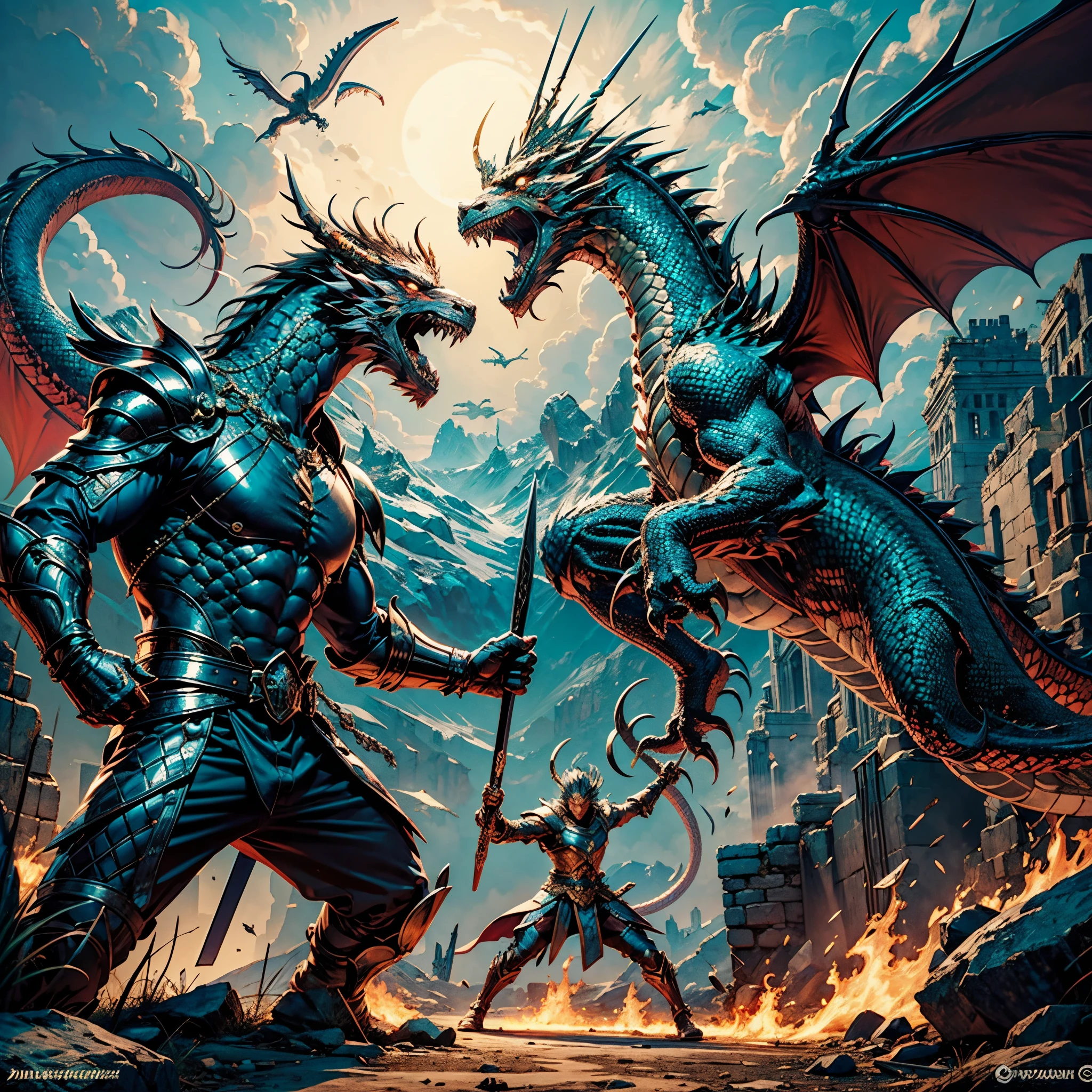 Create a digital art masterpiece depicting a fearless and battle-worn dragon slayer standing defiantly before an imposing, fire-breathing dragon. The dragon slayer should exude confidence, wielding a legendary weapon with intricate details and adorned in battle-scarred armor. The dragon should be a formidable force, its scales reflecting the glow of its fiery breath. Set the scene against a dramatic backdrop that captures the intensity of this showdown between the last of the dragon slayers and the majestic beast, showcasing the clash of two legendary forces in an epic fantasy world.