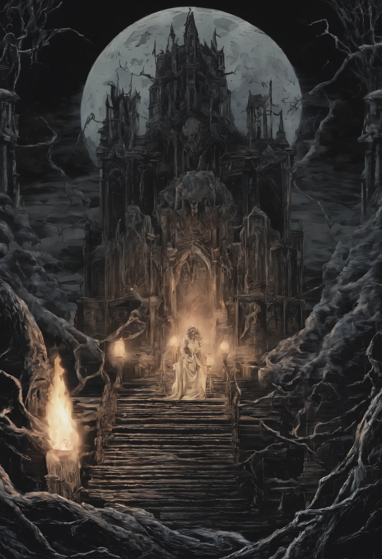 (((Damn hero))),creation,curse,Throne Room,night,moonlight diffused light,dark fantasy,magic,mythology,Candles,torches,damned creature,product of magic,fear,horror,magic,((((80s anime)))).