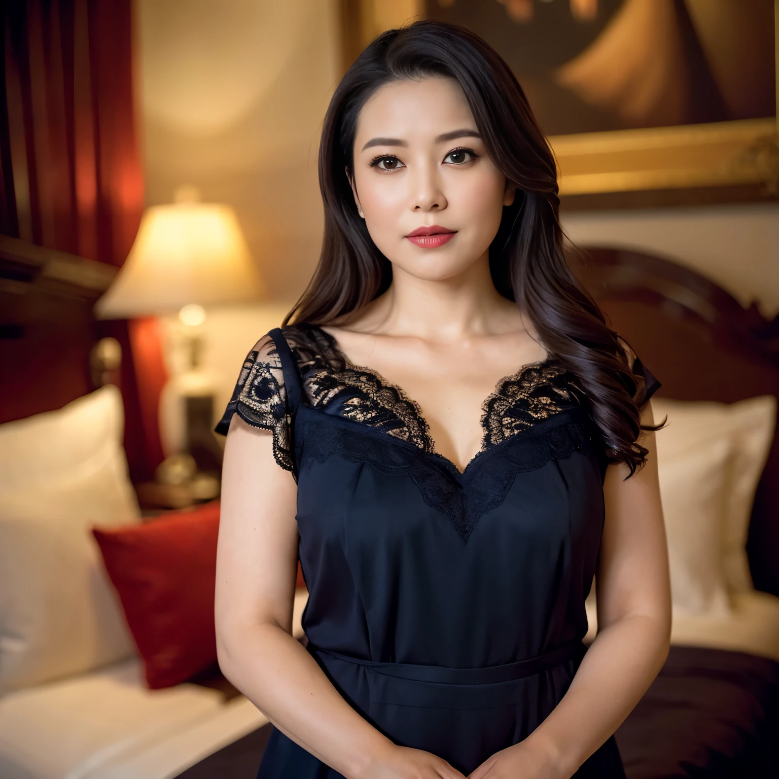 ((masterpiece, highest quality, Award-winning work、highest resolution, Photoreal, RAW photo, 8k wallpaper)), (romantic professional lighting:1.2), very detailed, Depth of written boundary、 (1 45 year old mature woman:1.1)、(accurate human body:1.1)、(elegant berry long hair:1.1)、Slender Soft Body、(Elegant Embellished Lace Navy Black Nightgown:1.2)、perfect makeup、(plump and soft cleavage)、long eyelashes、lipstick、Beautiful thick lips, (look at me excited:1.2)、(stand in a room with an elegant posture:1.2)、(Portrait photo of a woman standing on her knees:1.1)、(The background is a moody luxury love hotel bedroom itself...:1.2)、(A huge bed of the highest quality with a perfect and precise structure.:1.1)、Perfect and precise navy black nightgown、(blurred background:1.1)、(Let's take the most beautiful and perfect photo of a woman looking at me:1.1)、(strong, grumpy, Warm lighting that illuminates women:1.1)、(Beautiful sexy woman:1.1)、(Beautiful moist eyes stare at me:1.2)