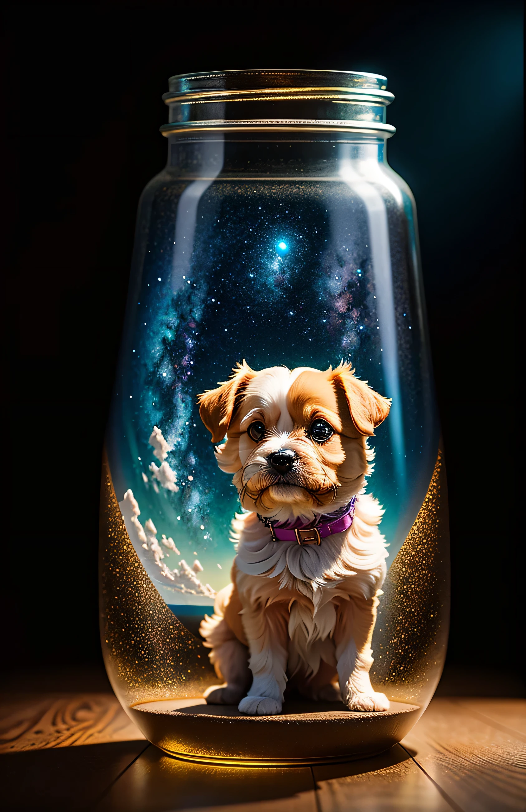 Maltese puppy in a huge jar, fluffy, realistic, airglow refraction, by lee jeffries nikon d850 film stock photo 4 kodak portra 400 camera f1.6 lens rich colors hyper realistic lifelike texture dramatic lighting unreal engine trending on artstation cinestill 800, style glasses