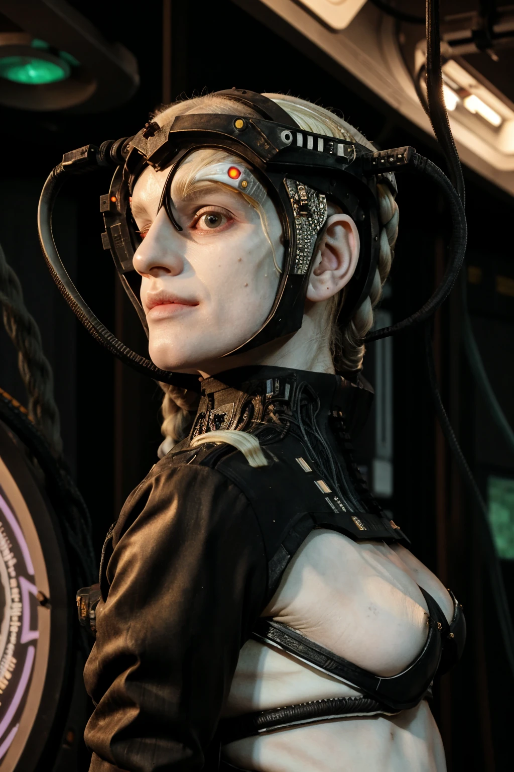 borg woman casey, (cable:1.65), 

[(pale white:.1) (Natural:1) (skin:1.3)::8]
[[(Natural:1.1) (pale white:.9) (skin:1.3):8]::16]
[(Natural:1) (pale white:1.3) (skin:1.3):16]
 [(with:.01) (beauty_marks:.01):6], 

[(bald:.15)::9], [[(long light blonde hair:.8):8]::12], [(long light blonde hair:1.4):12], [albino Nordic:8], left side view, 

(medium shot:1.4), (cybernetic:.4) (cyborg:.6) (bikini:1) (with laser led lights:1), busty, [borg implants::6], eyepatch, assimilation, 

[young:4], front light, fit, well lit, sunny, bright, scifi starship background, [(led lights, laser lights:.01):8], detailed skin,  photograph, detailed, high resolution, RAW photo, in frame, 

[BREAK:8] 
[(many beauty_marks and:.01) (many light moles on her skin:1.2):8], 

[BREAK (light brown moles:.1):12]