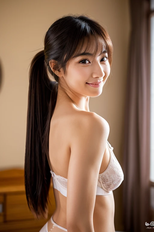 The whole body from head to toe sexy In underwear Erotic Bewitching Japanese Realistic photo of a disheveled woman SEX depiction , uneven twin tails, light makeup, medium chest size, smile a little, Clear facial features with sharp and realistic details, Sony FE, 35mm, cinematic lighting, advanced details, UHD, high quality, HD, 8K, 16k