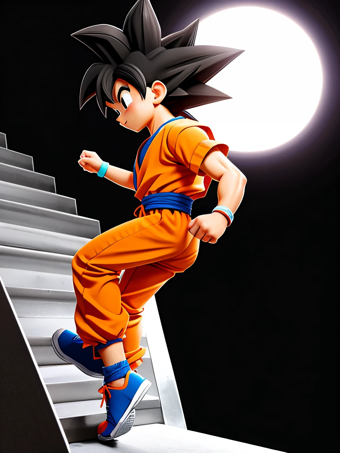 cute Goku, side view, full body, climbing stairs up, black background