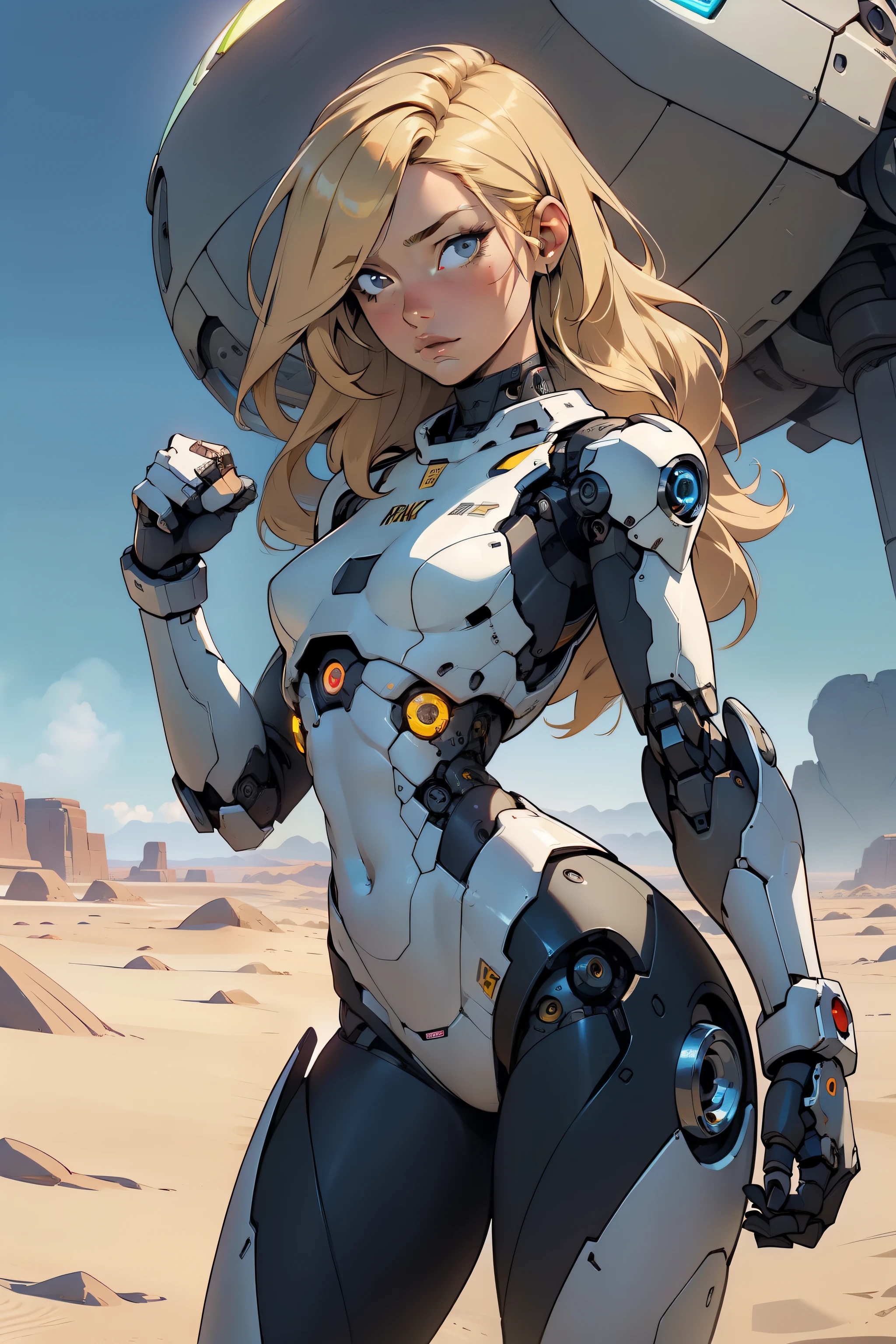 high quality, 4k, masterpiece, beautiful, cyborg girl, cowboy shot, dull eyes, looking at viewer, long blonde hair, girl, small breasts, fit thigh, robotic arms, robotic body, cyborg body, yellow accent, intricate detail, joint, detailed lines, robotic detail, holding fist up, holding hand up as fist, color robotic parts, robotic parts with color, perfect fingers, on a desert planet, sunny background, colorful desert,