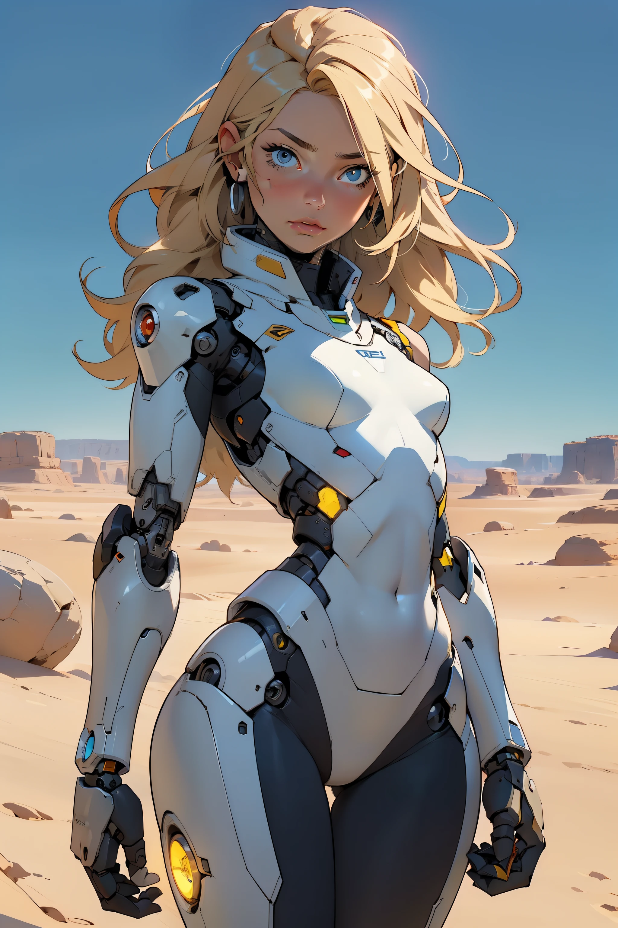 high quality, 4k, masterpiece, beautiful, cyborg girl, cowboy shot, dull eyes, looking at viewer, long blonde hair, girl, small breasts, fit thigh, robotic arms, robotic body, cyborg body, yellow accent, intricate detail, joint, detailed lines, robotic detail, holding fist up, holding hand up as fist, color robotic parts, robotic parts with color, perfect fingers, on a desert planet, sunny background, colorful desert,