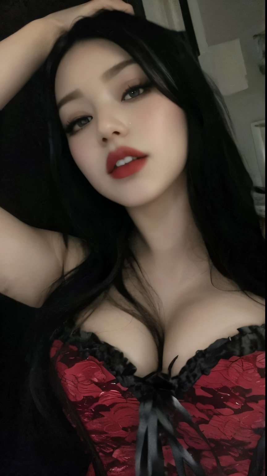 araffed woman in a red corset posing for a picture, 18 years old, 2 2 years old, thick lips, 21 years old, angelawhite, 2 3 years old, violet myers, black hair and large eyes, thick red lips, amouranth, 1 6 years old, 1 8 yo, profile image, kaitlyn michelle siragusa, joy red velvet