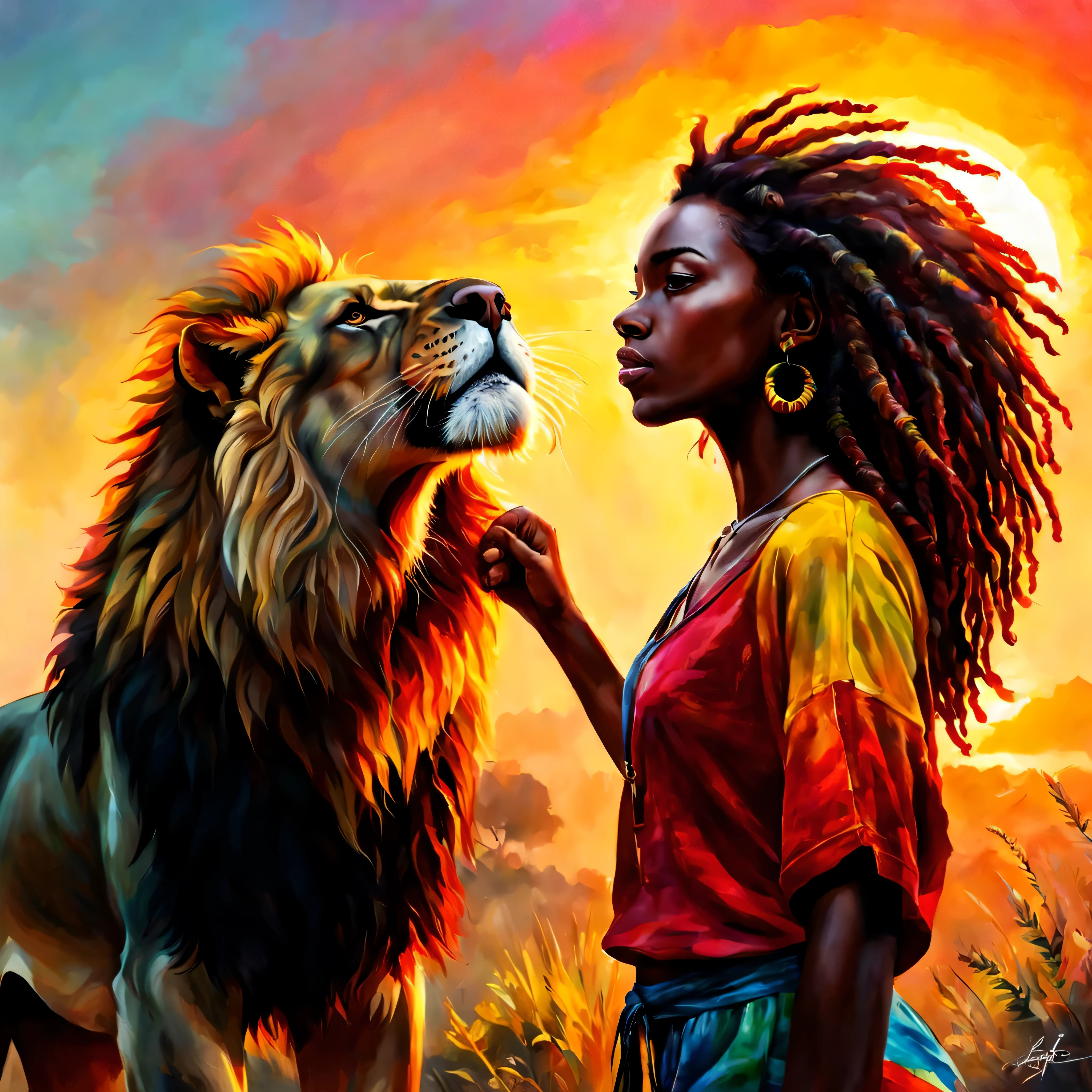 Rastafarian black girl with a lion enjoying the sunrise, colorful summer outfit stands out, Energetic and lively scene.
Estilo de Gabriele Dell&#39;Otto, Meio da jornada de IA, saturated cores, Aquarela, oil paints,   HDR, 500px, 4k,