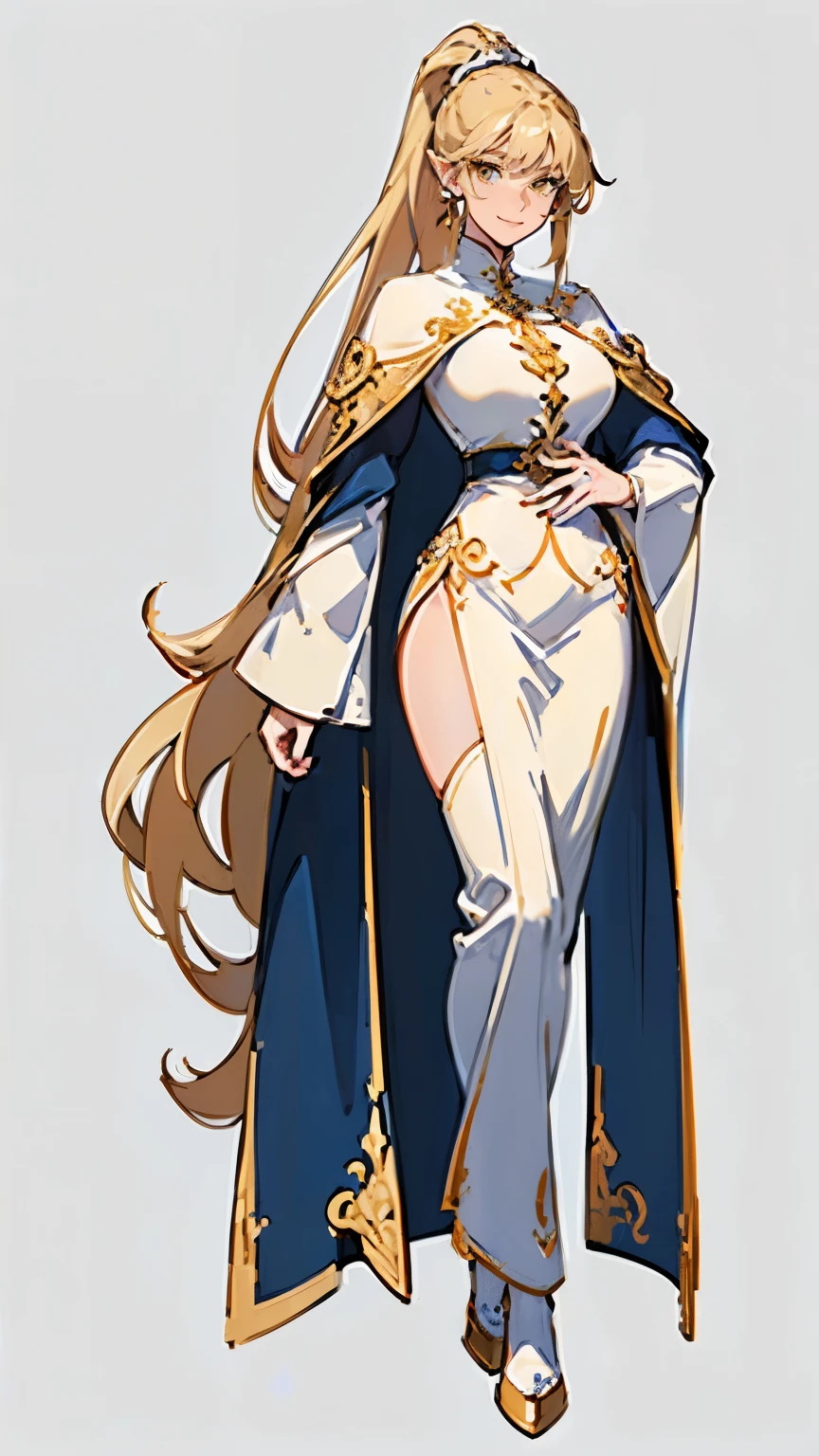 ((masterpiece,best quality,8k,highres)),((character concept art)), 1 female, middle-age adult female, female Catholic archbishop, 250 cm height, long hair, ponytail, (blonde hair colour), ultra finely detailed eyes ((yelloq eyes colour)), extraordinary gorgeous, charming, smirk smile, (pointed ears), shapely breasts, hourglass body shape ((muscular)), ((intricate detail)), super finely detailed hands, ultra finely detailed fingers(((ten fingers))), full Catholic archbishop outfit (white outfit colour), big royal white cloak, earrings, (standing still), (full body showcase), (show full body), (no logos on background), (no logo), ((plain background)), ((plain background)), (((empty background)))