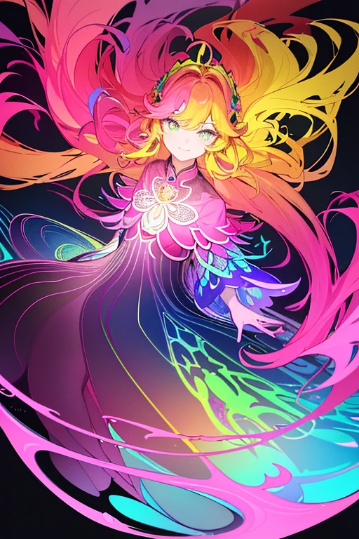 (masterpiece, best quality:1.2),(flower, line art, abstract) ,(flat color:1.2),(2D:1.3),(fluorescence colour:1.5,colorful:1.2),fluorescence multicolored hair、looking at viewer,1Goddess,beautiful face,Gentle face,smugness、solo,full body,,vivid color、Symmetrical、
Mysterious  