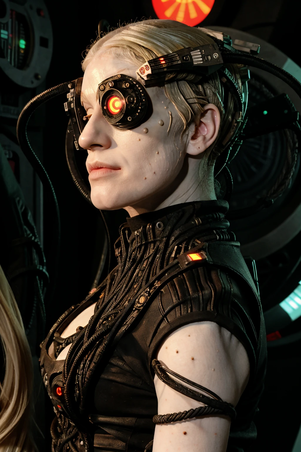 borg woman casey, (cable:1.65), 

[(pale white:.1) (Natural:1) (skin:1.3)::8]
[[(Natural:1.1) (pale white:.9) (skin:1.3):8]::16]
[(Natural:1) (pale white:1.3) (skin:1.3):16]
 [(with:.01) (beauty_marks:.01):6], 

[(bald:.15)::9], [[(long light blonde hair:.8):8]::12], [(long light blonde hair:1.4):12], [albino Nordic:8], left side view, 

(medium shot:1.4), (cybernetic:.4) (cyborg:.6) (with laser led lights:1), busty, [borg implants::6], eyepatch, assimilation, 

[young:4], front light, fit, well lit, sunny, bright, scifi starship background, [(led lights, laser lights:.01):8], detailed skin,  photograph, detailed, high resolution, RAW photo, in frame, 

[BREAK:8] 
[(many beauty_marks and:.01) (many light moles on her skin:1.2):8], 

[BREAK (light brown moles:.1):12]