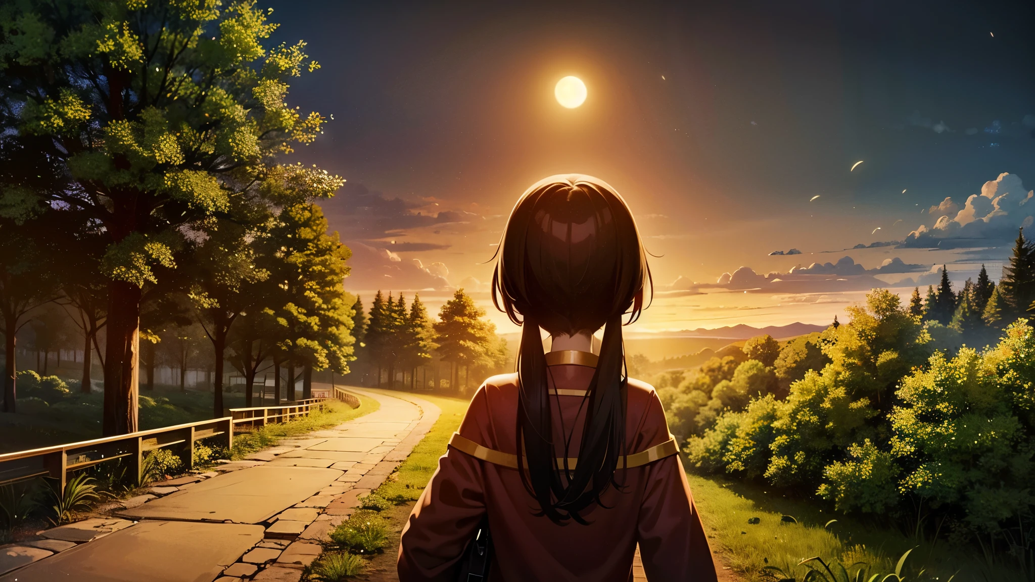 1Girl, Megumin, Fantasy, Forest Background, detailed, just one Person, cute, Night, Moonlight, UHD, high resolution