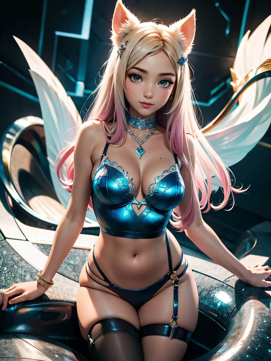 Nsfw, ahri, league of legends, (master part, best quality;1.3), extremamente detalhado ,ultra detalhado, 1girl,sozinho, seios enormes, ornamento de cabelo, Brincos, Olhando para o Viewer, mini saia, micro bra, olhos roxos, 4k resolution, ultra-realistic, altamente detalhado, corpo inteiro, noite, dynamic lights, legs up
