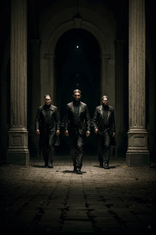 Four older men, in silhouette. One man carries a white fender stratocaster guitar. The scene is captured using high-resolution photography, emphasizing every intricate detail. The colors are rich and vivid, with a touch of nostalgia, reminiscent of vintage portraits. The lighting is dramatic, casting deep shadows and enhancing the mysterious vibe of the setting. The overall image quality is exceptional, with sharp focus and ultra-fine painting-like textures. The artwork is a masterpiece of realistic and photorealistic art, showcasing the talent of a professional artist. The style embodies elements of fantasy, with a hint of horror and a touch of the gothic. The color palette is dominated by deep, saturated tones, accentuating the eerie atmosphere. It invokes a sense of deja vu, as if the viewer has experienced this otherworldly realm before—a sense of deja voodoo.
