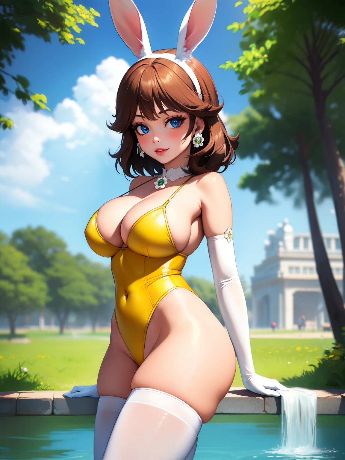 princess_daisy, brown hair, short hair ,red lipstick, blue eye shadow, 1girl, solo, perfect breasts, ,earrings glossy lips ,looking at viewer, blush, large breasts, nature, pond, trees, park, long white elbow satin gloves, holding, animal ears, cleavage, bare shoulders, jewelry, very l, gentle smile, pantyhose, earrings, fake rabbit ears, yellow leotard, fake animal ears bunny, long white elbow gloves, white gloves