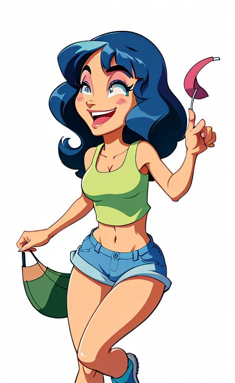Ralph Bakshi Style, Curvy blue eyed girl with long wavy black hair and small breasts, nudity1.5, (extreme nsfw)2.5, torn tanktop, (tits out)1.5, lewd, holding up a huge pencil
