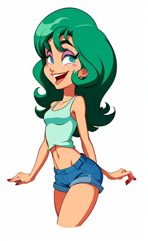 menina dos desenhos animados em shorts e regata sorrindo e andando, em estilo cartoon, estilo de arte dos desenhos animados, cartoon style illustration, Personagem de desenho animado, vestindo uma camisola e shorts, tina belcher como uma pessoa real, animation character, cel sombreado!!!, cell shaded adult animation, cel sombreado:15, imagem de desenho animado, cartoon illustration, character is in his natural pose, personagem adulto